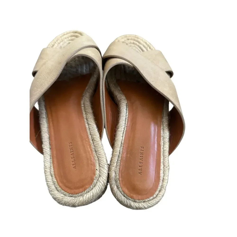 Allsaints Women's Harlem Espadrille Leather Platform Slides Sand size 38